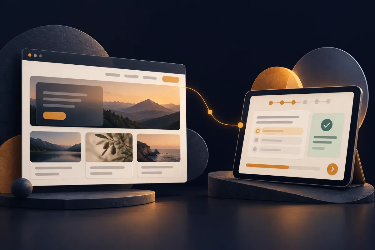 Illustration d'un site web et d'un outil pédagogique sur tablette, reliés par une ligne orange