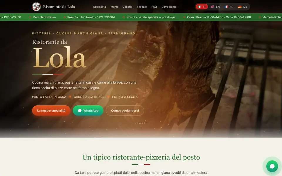 Home page of the Ristorante da Lola website